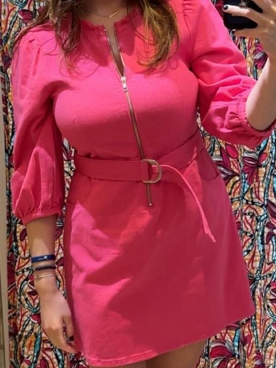 Hot Pink Belted Zip-Front Women's Dress